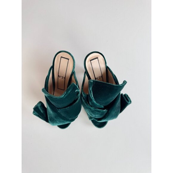 NWOB N.21 Dark Green Velvet Bow Knotted Peep Toe High Heel Mules, Size 36 - Picture 2 of 16
